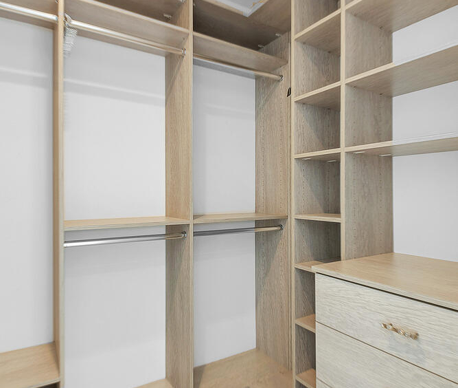 Walk-in closet with custom built-in organizers and drawers